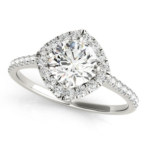 Round Engagement Ring with S Cushion Halo and French Pave