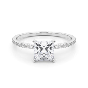 Princess Cut Engagement Ring With Hidden Halo and French Pave